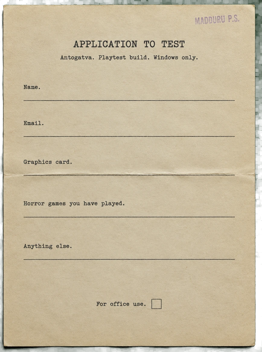 Application to test. Antogatva playtest build, Windows only.