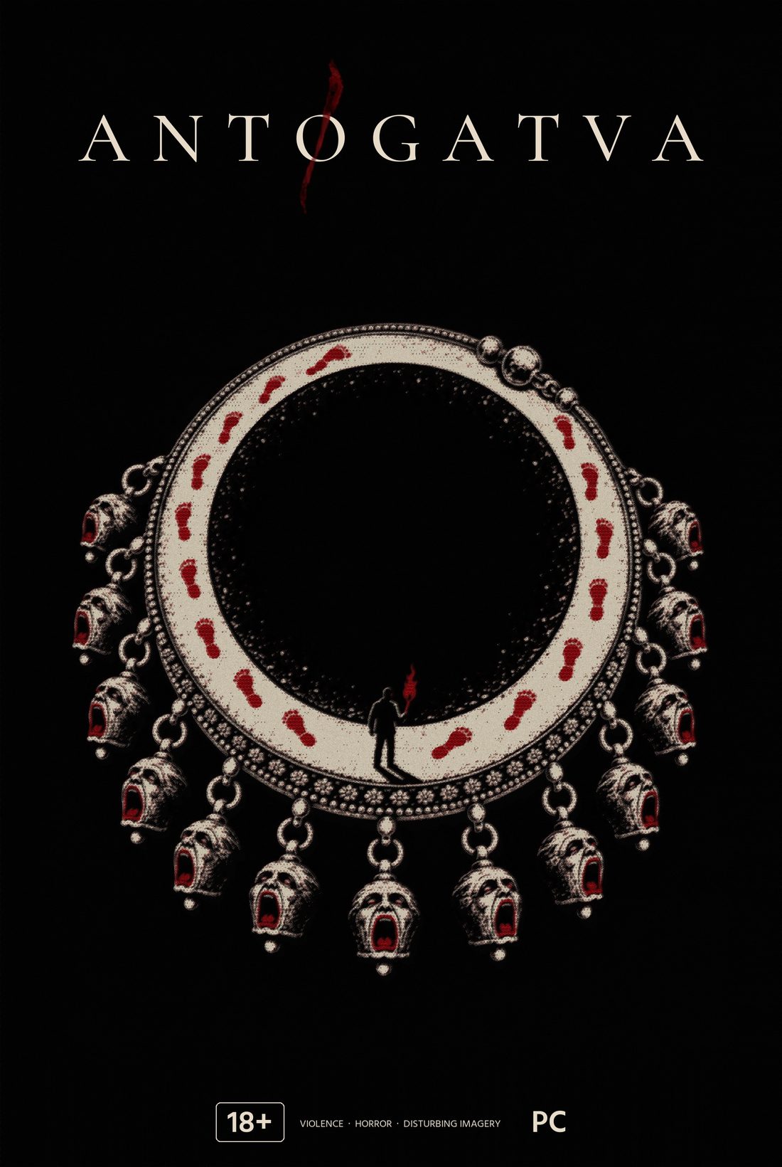 Antogatva poster: a silver anklet ring hung with screaming bells, a small figure with a torch at its centre.