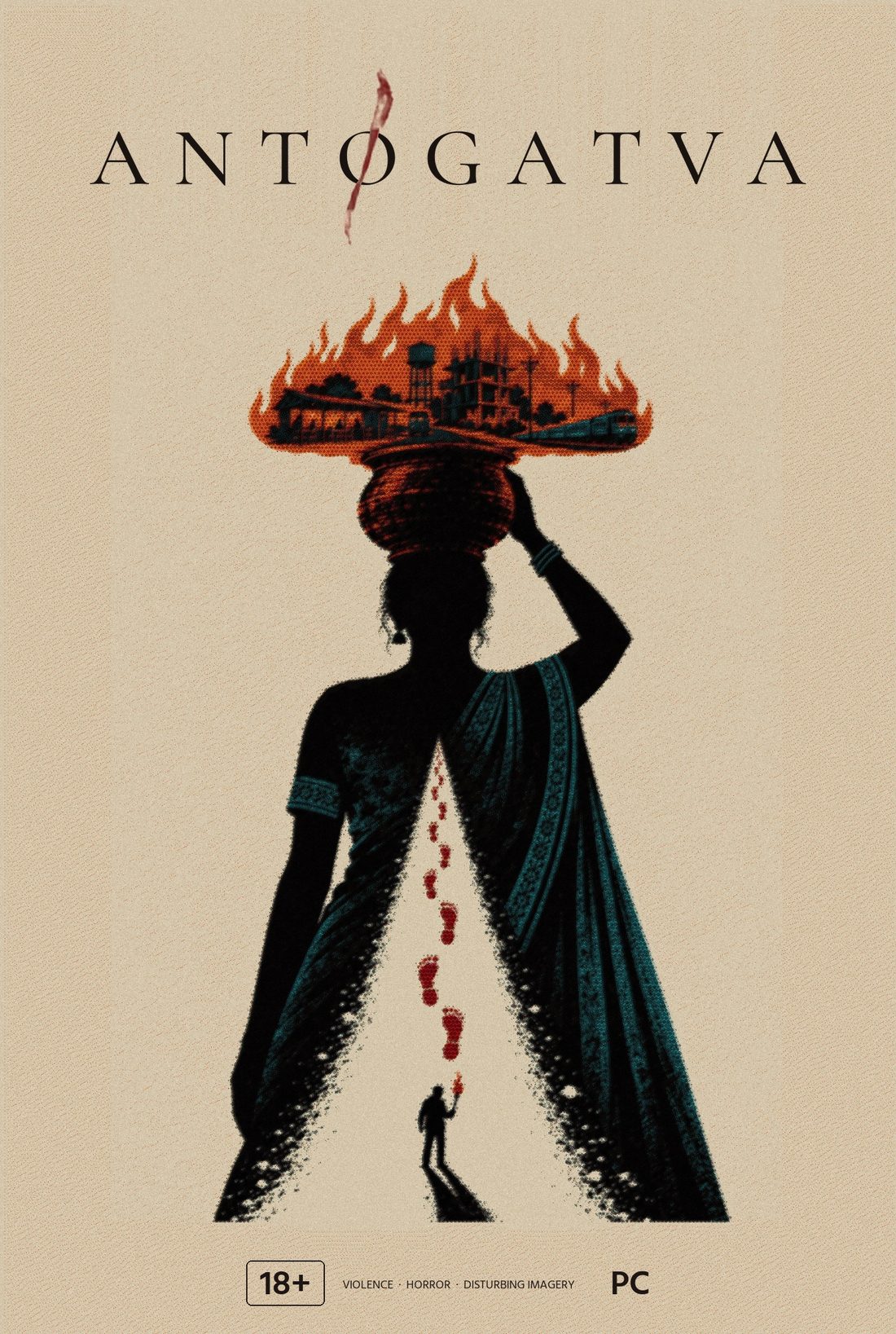 Antogatva poster: a woman in a sari with a burning clay pot on her head, a small figure with a torch on the road below her.